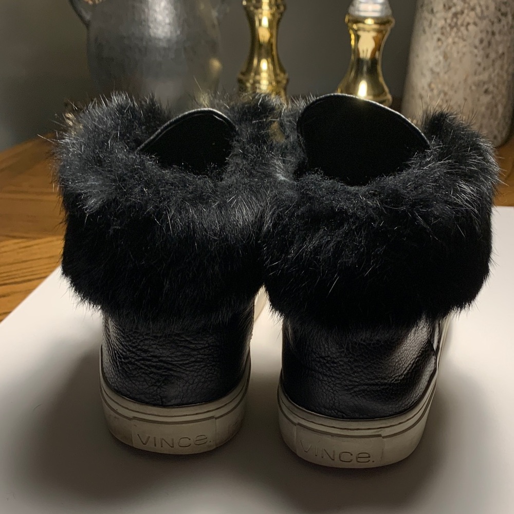 VINCE Black Leather Ankle Lace Booties with Fur trim